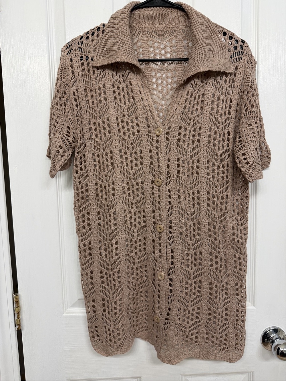 Crochet Button-Front Short Sleeve Cover Up Mini Dress in Taupe